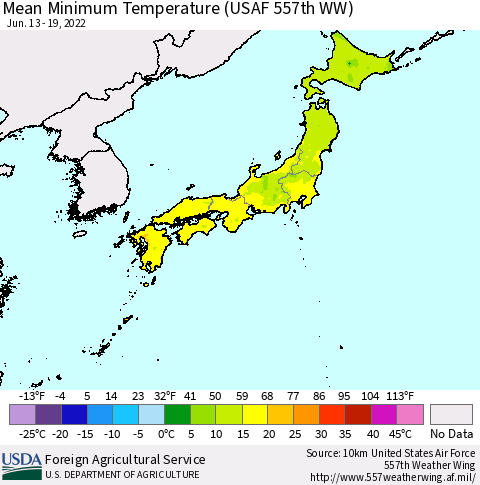 Japan Mean Minimum Temperature (USAF 557th WW) Thematic Map For 6/13/2022 - 6/19/2022