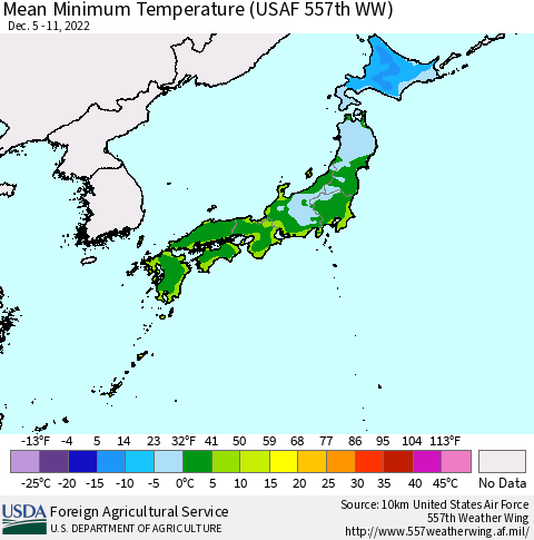 Japan Mean Minimum Temperature (USAF 557th WW) Thematic Map For 12/5/2022 - 12/11/2022