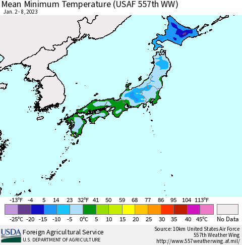 Japan Mean Minimum Temperature (USAF 557th WW) Thematic Map For 1/2/2023 - 1/8/2023