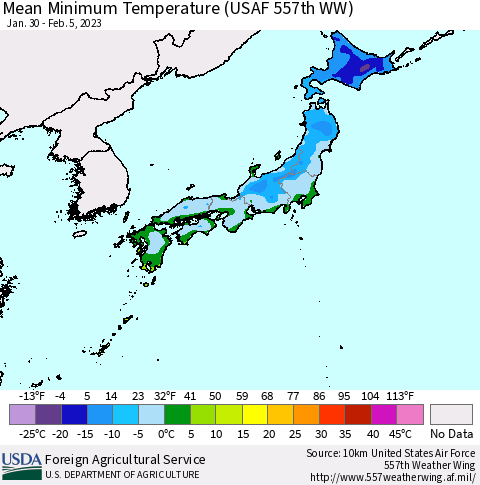 Japan Mean Minimum Temperature (USAF 557th WW) Thematic Map For 1/30/2023 - 2/5/2023