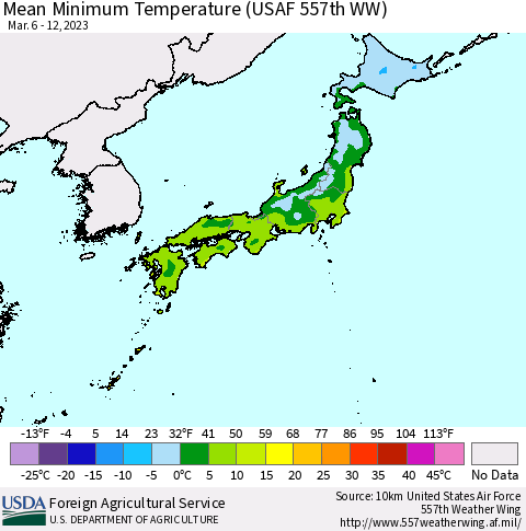Japan Mean Minimum Temperature (USAF 557th WW) Thematic Map For 3/6/2023 - 3/12/2023