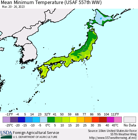 Japan Mean Minimum Temperature (USAF 557th WW) Thematic Map For 3/20/2023 - 3/26/2023