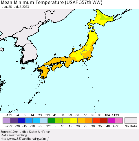 Japan Mean Minimum Temperature (USAF 557th WW) Thematic Map For 6/26/2023 - 7/2/2023