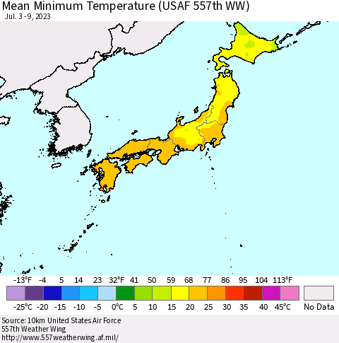 Japan Mean Minimum Temperature (USAF 557th WW) Thematic Map For 7/3/2023 - 7/9/2023
