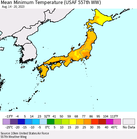 Japan Mean Minimum Temperature (USAF 557th WW) Thematic Map For 8/14/2023 - 8/20/2023