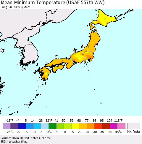 Japan Mean Minimum Temperature (USAF 557th WW) Thematic Map For 8/28/2023 - 9/3/2023