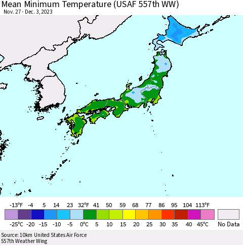 Japan Mean Minimum Temperature (USAF 557th WW) Thematic Map For 11/27/2023 - 12/3/2023