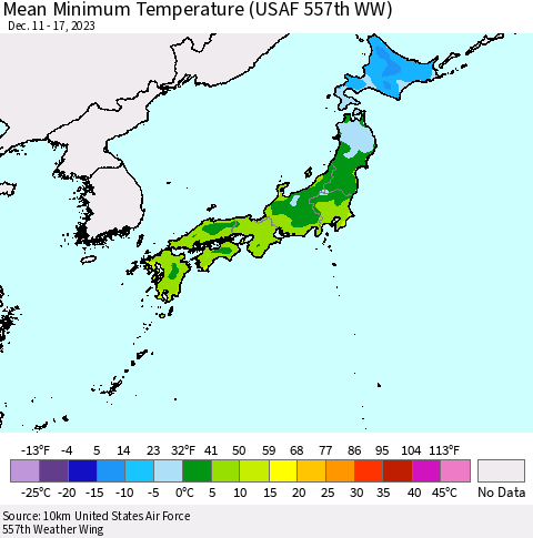 Japan Mean Minimum Temperature (USAF 557th WW) Thematic Map For 12/11/2023 - 12/17/2023