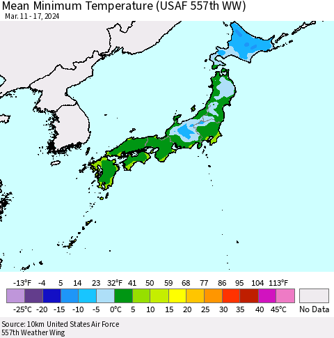 Japan Mean Minimum Temperature (USAF 557th WW) Thematic Map For 3/11/2024 - 3/17/2024