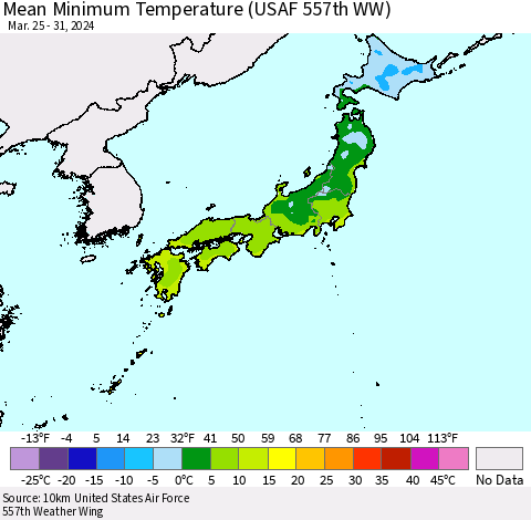 Japan Mean Minimum Temperature (USAF 557th WW) Thematic Map For 3/25/2024 - 3/31/2024