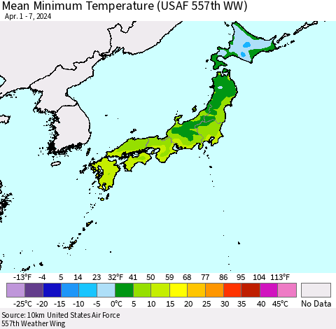 Japan Mean Minimum Temperature (USAF 557th WW) Thematic Map For 4/1/2024 - 4/7/2024