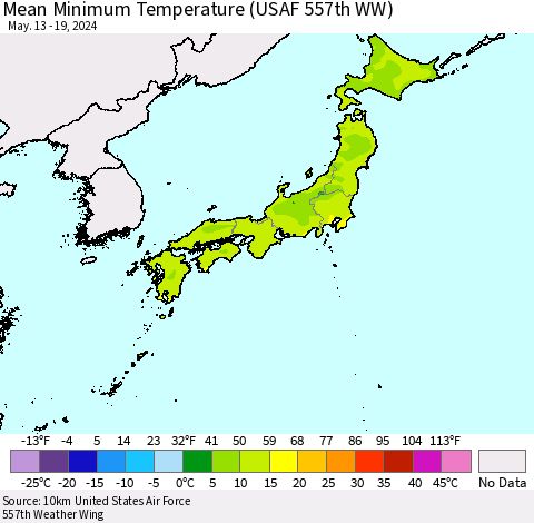 Japan Mean Minimum Temperature (USAF 557th WW) Thematic Map For 5/13/2024 - 5/19/2024