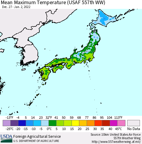 Japan Mean Maximum Temperature (USAF 557th WW) Thematic Map For 12/27/2021 - 1/2/2022