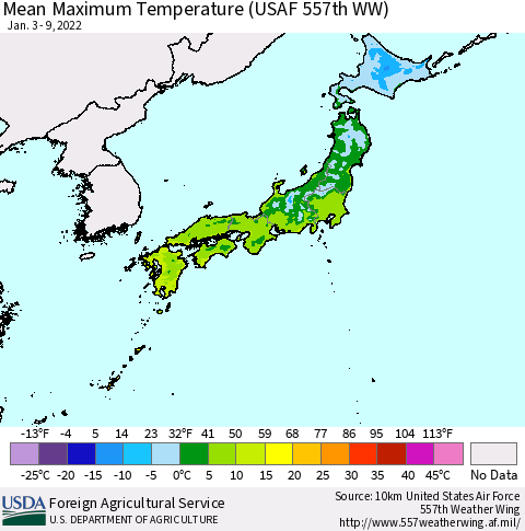 Japan Mean Maximum Temperature (USAF 557th WW) Thematic Map For 1/3/2022 - 1/9/2022