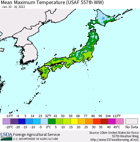 Japan Mean Maximum Temperature (USAF 557th WW) Thematic Map For 1/10/2022 - 1/16/2022