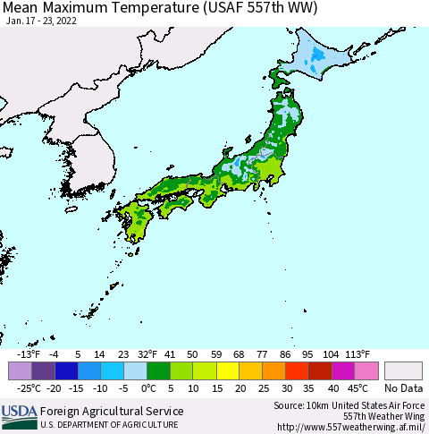 Japan Mean Maximum Temperature (USAF 557th WW) Thematic Map For 1/17/2022 - 1/23/2022