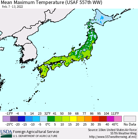 Japan Mean Maximum Temperature (USAF 557th WW) Thematic Map For 2/7/2022 - 2/13/2022