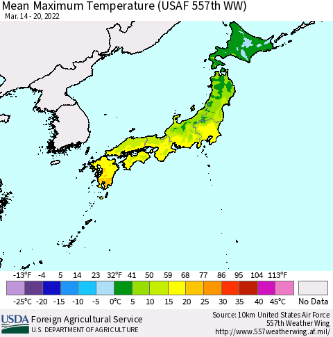 Japan Mean Maximum Temperature (USAF 557th WW) Thematic Map For 3/14/2022 - 3/20/2022