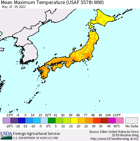 Japan Mean Maximum Temperature (USAF 557th WW) Thematic Map For 5/23/2022 - 5/29/2022