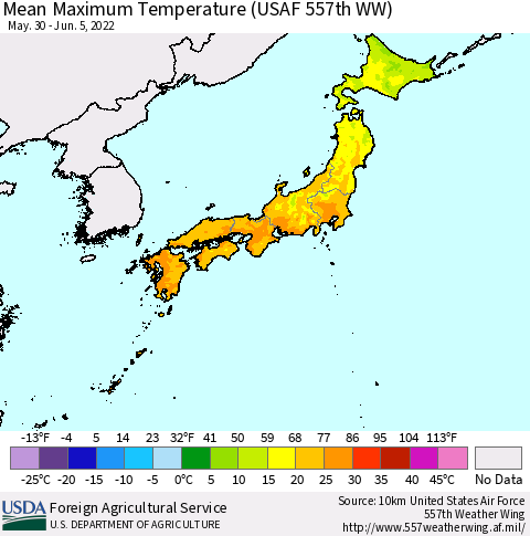 Japan Mean Maximum Temperature (USAF 557th WW) Thematic Map For 5/30/2022 - 6/5/2022