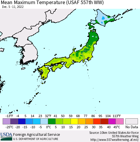 Japan Mean Maximum Temperature (USAF 557th WW) Thematic Map For 12/5/2022 - 12/11/2022
