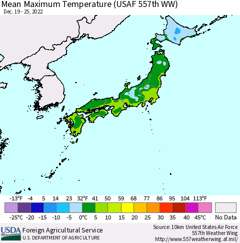 Japan Mean Maximum Temperature (USAF 557th WW) Thematic Map For 12/19/2022 - 12/25/2022