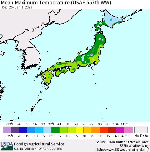 Japan Mean Maximum Temperature (USAF 557th WW) Thematic Map For 12/26/2022 - 1/1/2023