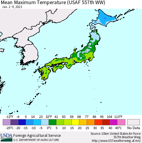 Japan Mean Maximum Temperature (USAF 557th WW) Thematic Map For 1/2/2023 - 1/8/2023