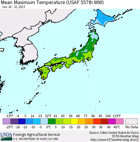 Japan Mean Maximum Temperature (USAF 557th WW) Thematic Map For 1/16/2023 - 1/22/2023