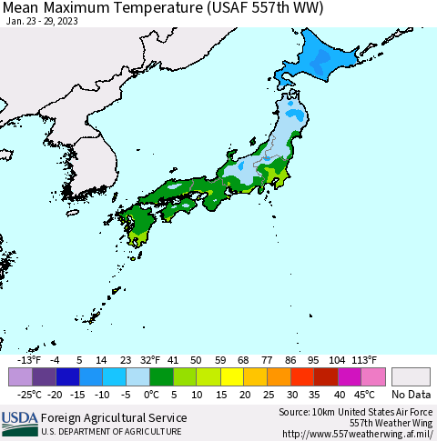 Japan Mean Maximum Temperature (USAF 557th WW) Thematic Map For 1/23/2023 - 1/29/2023