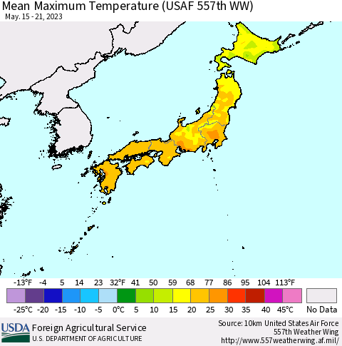 Japan Mean Maximum Temperature (USAF 557th WW) Thematic Map For 5/15/2023 - 5/21/2023