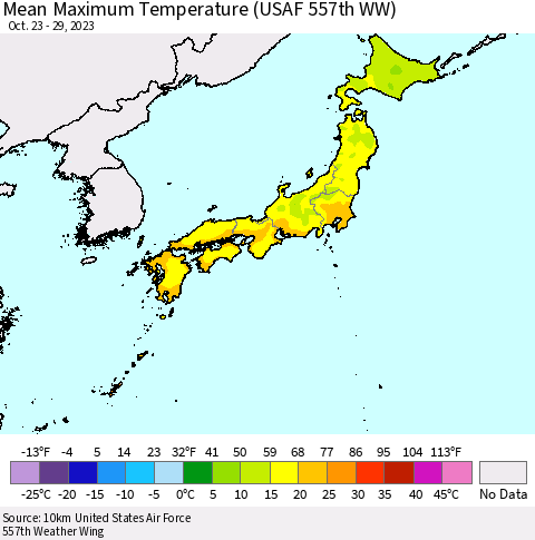 Japan Mean Maximum Temperature (USAF 557th WW) Thematic Map For 10/23/2023 - 10/29/2023