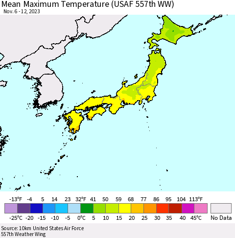 Japan Mean Maximum Temperature (USAF 557th WW) Thematic Map For 11/6/2023 - 11/12/2023