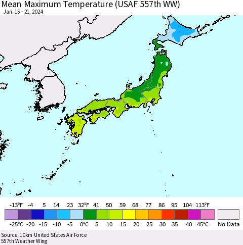 Japan Mean Maximum Temperature (USAF 557th WW) Thematic Map For 1/15/2024 - 1/21/2024