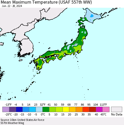 Japan Mean Maximum Temperature (USAF 557th WW) Thematic Map For 1/22/2024 - 1/28/2024