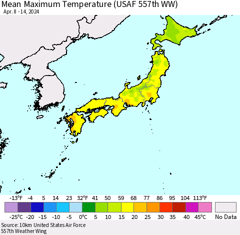 Japan Mean Maximum Temperature (USAF 557th WW) Thematic Map For 4/8/2024 - 4/14/2024