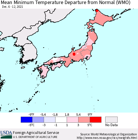 Japan Mean Minimum Temperature Departure from Normal (WMO) Thematic Map For 12/6/2021 - 12/12/2021