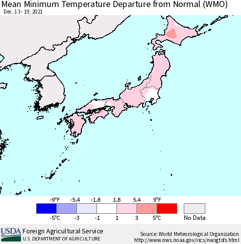 Japan Mean Minimum Temperature Departure from Normal (WMO) Thematic Map For 12/13/2021 - 12/19/2021