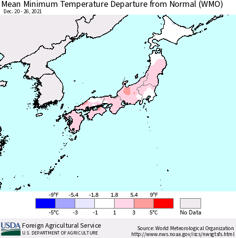 Japan Mean Minimum Temperature Departure from Normal (WMO) Thematic Map For 12/20/2021 - 12/26/2021