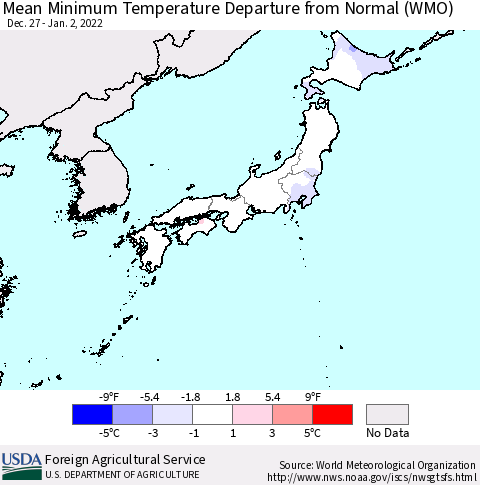 Japan Mean Minimum Temperature Departure from Normal (WMO) Thematic Map For 12/27/2021 - 1/2/2022