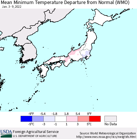 Japan Mean Minimum Temperature Departure from Normal (WMO) Thematic Map For 1/3/2022 - 1/9/2022