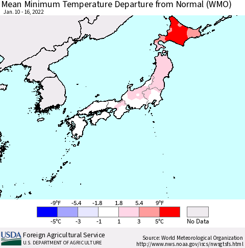 Japan Mean Minimum Temperature Departure from Normal (WMO) Thematic Map For 1/10/2022 - 1/16/2022
