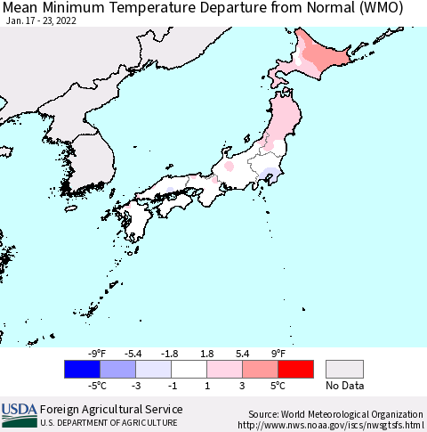 Japan Mean Minimum Temperature Departure from Normal (WMO) Thematic Map For 1/17/2022 - 1/23/2022