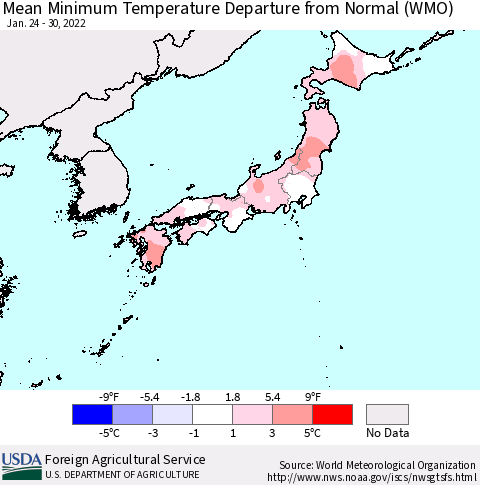 Japan Mean Minimum Temperature Departure from Normal (WMO) Thematic Map For 1/24/2022 - 1/30/2022