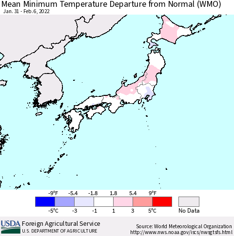 Japan Mean Minimum Temperature Departure from Normal (WMO) Thematic Map For 1/31/2022 - 2/6/2022