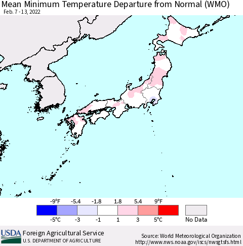 Japan Mean Minimum Temperature Departure from Normal (WMO) Thematic Map For 2/7/2022 - 2/13/2022