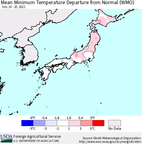 Japan Mean Minimum Temperature Departure from Normal (WMO) Thematic Map For 2/14/2022 - 2/20/2022