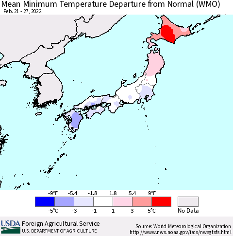 Japan Mean Minimum Temperature Departure from Normal (WMO) Thematic Map For 2/21/2022 - 2/27/2022