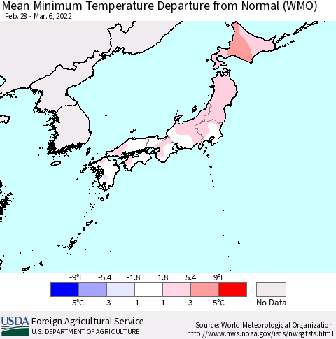 Japan Mean Minimum Temperature Departure from Normal (WMO) Thematic Map For 2/28/2022 - 3/6/2022