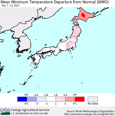 Japan Mean Minimum Temperature Departure from Normal (WMO) Thematic Map For 3/7/2022 - 3/13/2022